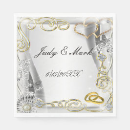 Gold Wedding Rings and Hearts Paper Napkins Serviette