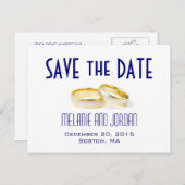 Gold Wedding Rings Blue Save the Date Postkarten (Vorne/Hinten)