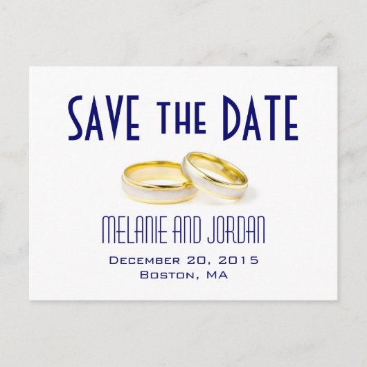 Gold Wedding Rings Blue Save the Date Postkarten (Vorderseite)