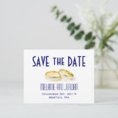 Gold Wedding Rings Blue Save the Date Postkarten (Stehend Vorderseite)