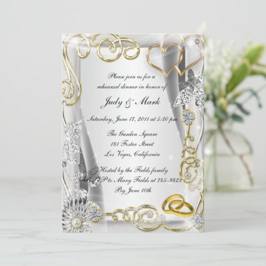 Gold Wedding Rings Herbst Probe Dinner einladen Einladung (Stehend Vorderseite)