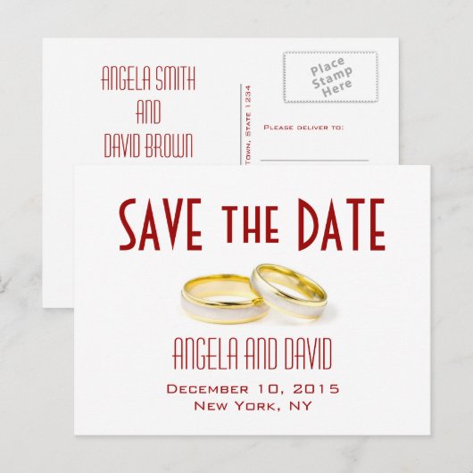 Gold Wedding Rings Red Save the Date Postkarten (Vorne/Hinten)