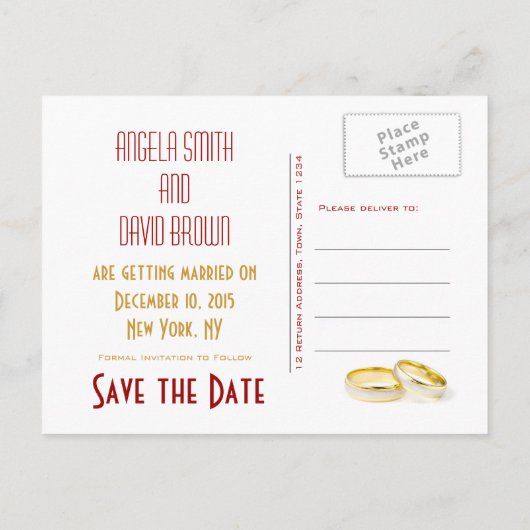 Gold Wedding Rings Red Save the Date Postkarten (Rückseite)