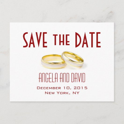 Gold Wedding Rings Red Save the Date Postkarten (Vorderseite)