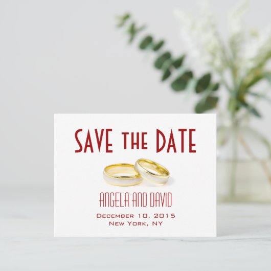 Gold Wedding Rings Red Save the Date Postkarten (Stehend Vorderseite)