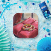 Gold Wedding Rings Watercolor Painting Red Pappteller (Party)