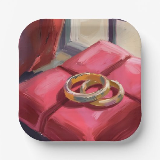 Gold Wedding Rings Watercolor Painting Red Pappteller (Vorderseite)
