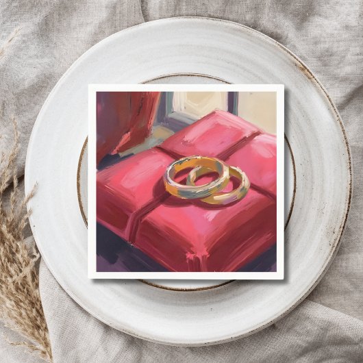Gold Wedding Rings Watercolor Painting Red Serviette