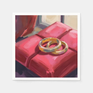 Gold Wedding Rings Watercolor Painting Red Serviette