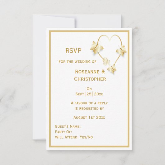 Gold Wedding RSVP Card Schmetterlinge Herz Karte (Vorderseite)