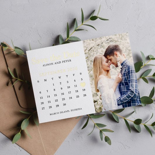 Gold Wedding Save the Date Calendar Foto Folieneinladung