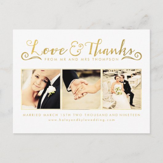 Gold Wedding Vielen Dank, dass Sie Script Typograf Postkarte (Vorderseite)