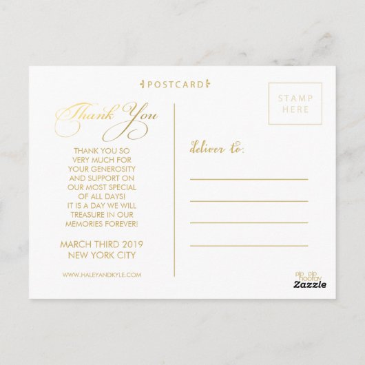 Gold Wedding Vielen Dank, dass Sie Script Typograf Postkarte (Rückseite)