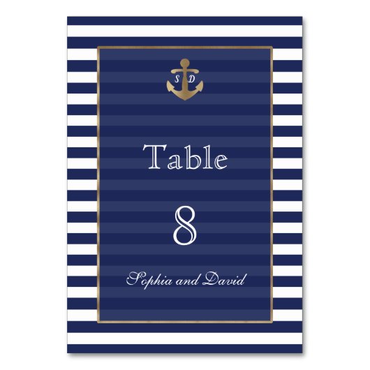 Gold-WeddingTable-Nummer für Nautic Navy Stripes Tischnummer (Vorderseite)