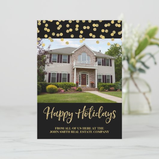 Gold Weihnachten Confetti Fotokarte Real Anwesen (Stehend Vorderseite)