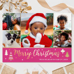 Gold Weihnachtsbaum Custom Foto Pink Luxury Folien Feiertagskarte<br><div class="desc">Verteilen Sie den Feiertagsjubiläum mit luxuriösen Weihnachtskarten aus Gold! Sechs personalisierte Fotos mit Ihrem Familiennamen und einem Gruß auf der Rückseite. Dieses individuelle Design zeichnet sich durch dekorative Bäume und Sterne aus, mit den Worten "Frohe Weihnachten" in festlichen Schriftzeichen. Ideal für Fotos, Familien, Freunde und Haustiere. Farben: heiße rosa, weiße...</div>