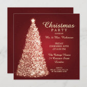 Gold Weihnachtsbaum Party Rot Einladung (Vorne/Hinten)