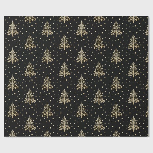 Gold Weihnachtsbaumen Gold Fallend Schnee schwarz Geschenkpapier (Flach)