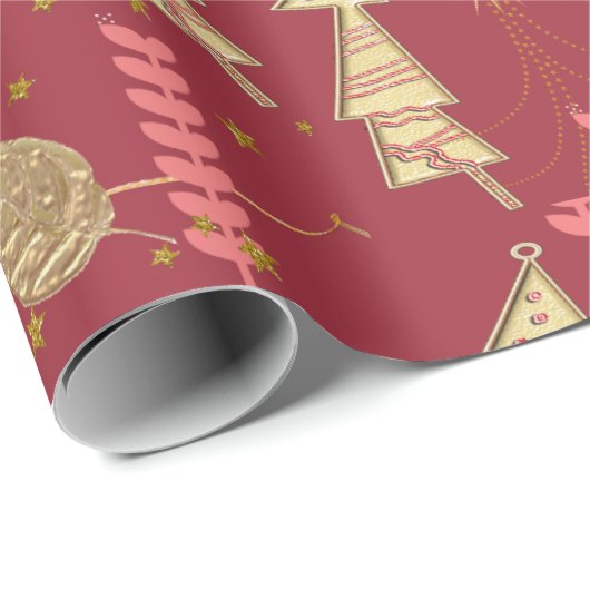Gold Weihnachtsbaumen Umschlag Papier Burgundy Geschenkpapier (Rolleneckpunkt)