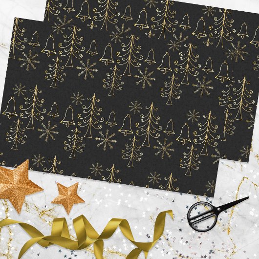 Gold Weihnachtsbaumglocke und Snowflake Muster Seidenpapier