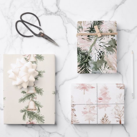 Gold Weihnachtsglocken Rosa Bäume Geschenkpapier Set (Vorderseite)