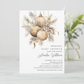 Gold Weihnachtsschmuck Baby Dusche Einladung (Stehend Vorderseite)
