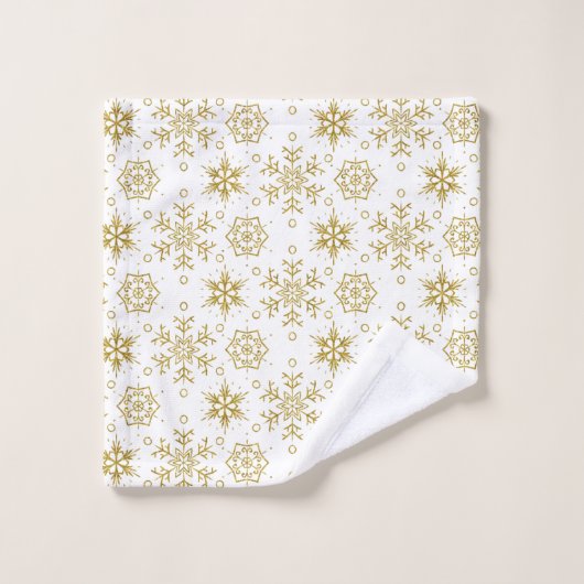 Gold Weihnachtsschneeflocken Muster auf weiß. Badhandtuch Set (Waschlappen)