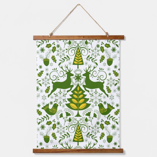 Gold Weihnachtswald Hirsche Vögel im Blut Wandteppich Mit Holzrahmen (Vorderseite)