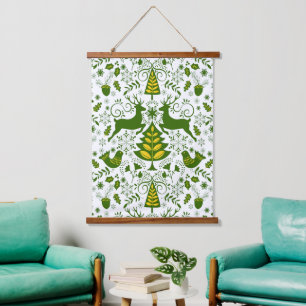 Gold Weihnachtswald Hirsche Vögel im Blut Wandteppich Mit Holzrahmen