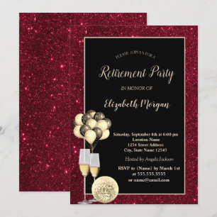 Gold Wein Glas,Ballons,roter Glitter Ruhestand Einladung