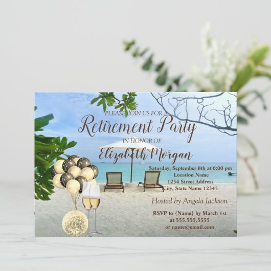 Gold-Weinglas, Ballons, Beach-Rente-Party Einladung (Stehend Vorderseite)