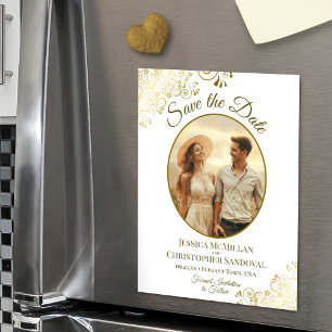 Gold & Weiß Elegante Hochzeit Termin Oval Foto Magneteinladung
