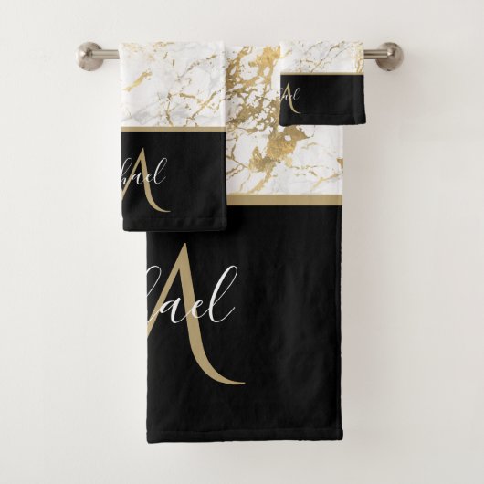 Gold & Weiß Marmor mit Schwarz Monogram Luxus Badhandtuch Set (Insitu)