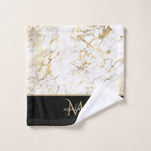 Gold & Weiß Marmor mit Schwarz Monogram Luxus Badhandtuch Set (Waschlappen)