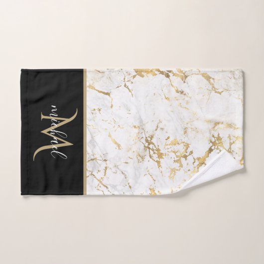 Gold & Weiß Marmor mit Schwarz Monogram Luxus Badhandtuch Set (Handtuch)