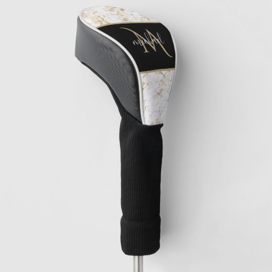 Gold & Weiß Marmor mit Schwarz Monogram Luxus Golf Headcover (angewinkelt)