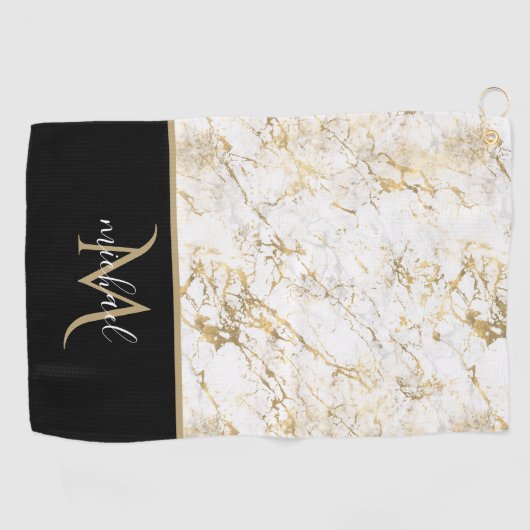 Gold & Weiß Marmor mit Schwarz Monogram Luxus Golfhandtuch (Horizontal)