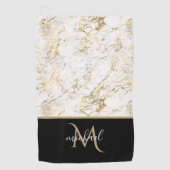 Gold & Weiß Marmor mit Schwarz Monogram Luxus Golfhandtuch (Vorderseite)