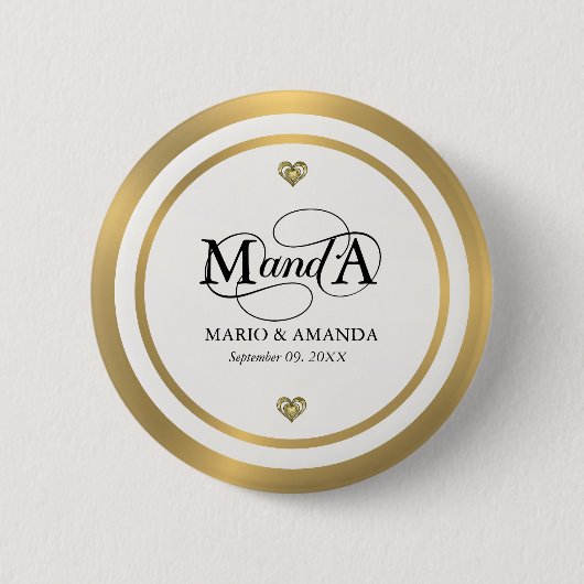 Gold Weiß Personalisiertes Hochzeitsmonogramm Button (Vorderseite)