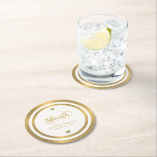 Gold Weiß Personalisiertes Hochzeitsmonogramm Runder Pappuntersetzer