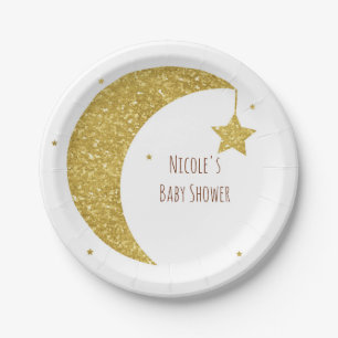 Gold & Weiße Mond & Sterne Babyparty Pappteller
