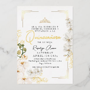 Gold Weiße Orchideen Prinzessin Tiara Quinceañera Folieneinladung