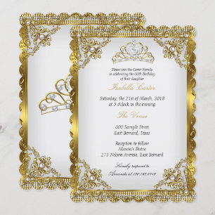 Gold Weiße Perlen-Spitzen-Damask-Tiara Geburtstags Einladung