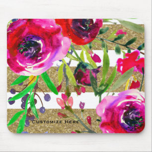 Gold Weiße Streifen Bold Glam Floral Botanisch Mousepad