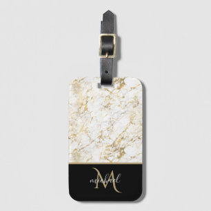 Gold & Weißer Marmor mit schwarzem Monogramm Gepäckanhänger