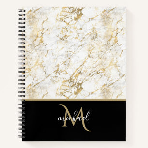 Gold & Weißer Marmor mit schwarzem Monogramm Notizblock