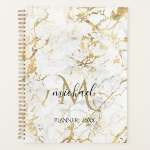 Gold & Weißer Marmor mit schwarzem Monogramm Planer