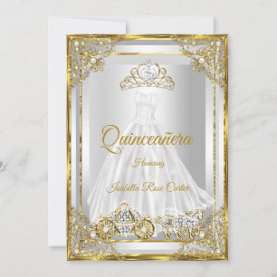 Gold Weißer Quinceanera-Kleid Tiara Kutsche Einladung