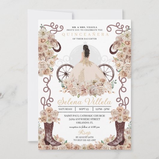 Gold Western Cinderella Carriage Quinceañera Einladung (Vorderseite)