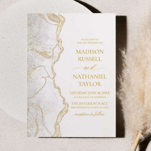 Gold White Agate Elegant Wedding Einladung